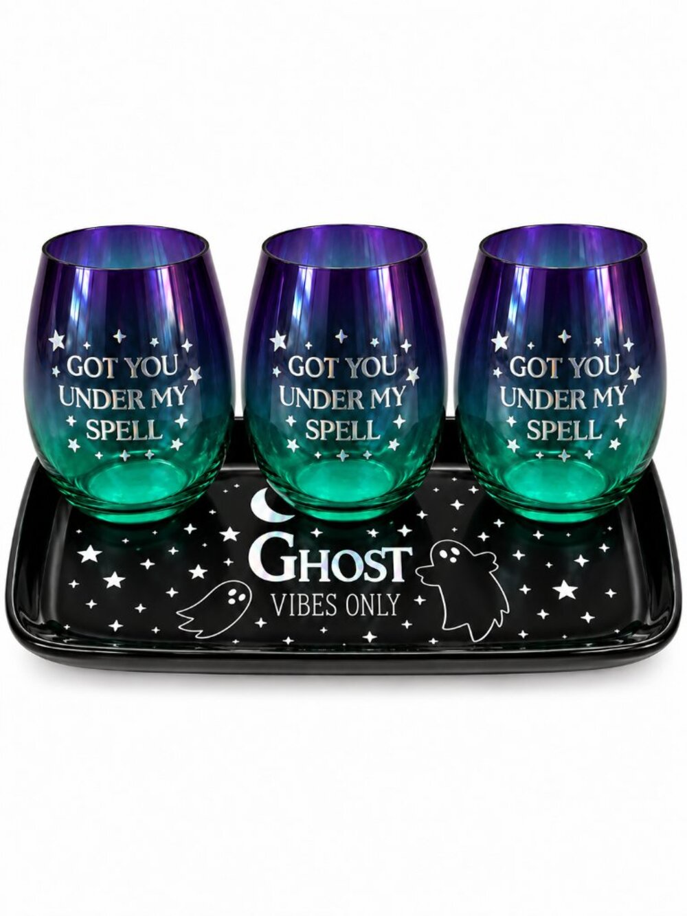 Halloween Ghost Vibes Tray + 3 Got You Under My Spell Stemless Glasses